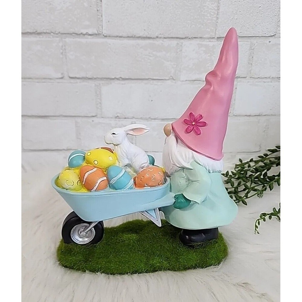 Easter Bunny Gnome Pushing Wheel Barrel Figure Eggs‎ Spring Resin Tabletop 10"